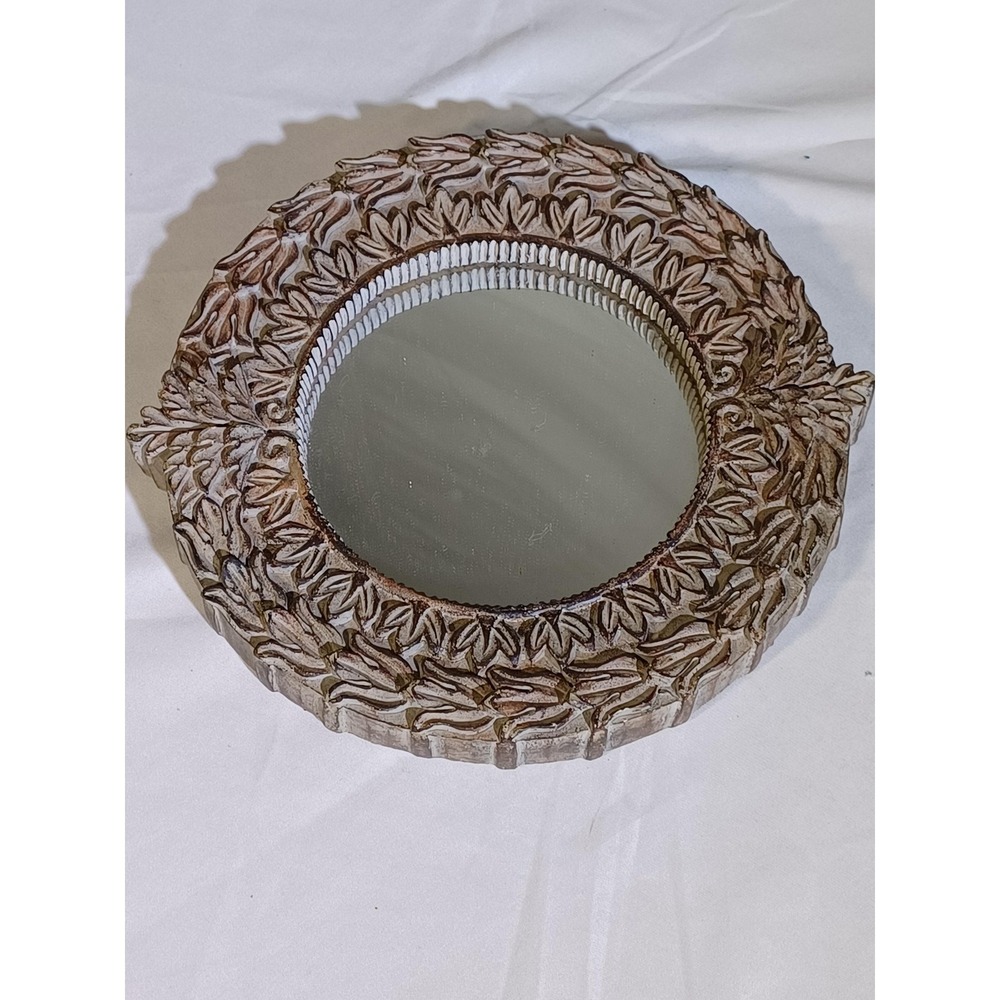 Bella Casa Brown Round Accent Mirror 10 Inch Rustic‎ Floral Resin Wall Decor